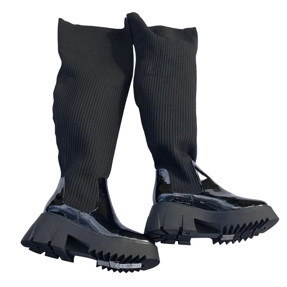 Fashion Figure Nadia‎ Lug Sole Thigh High Boots Women 9 Black Patent Rib